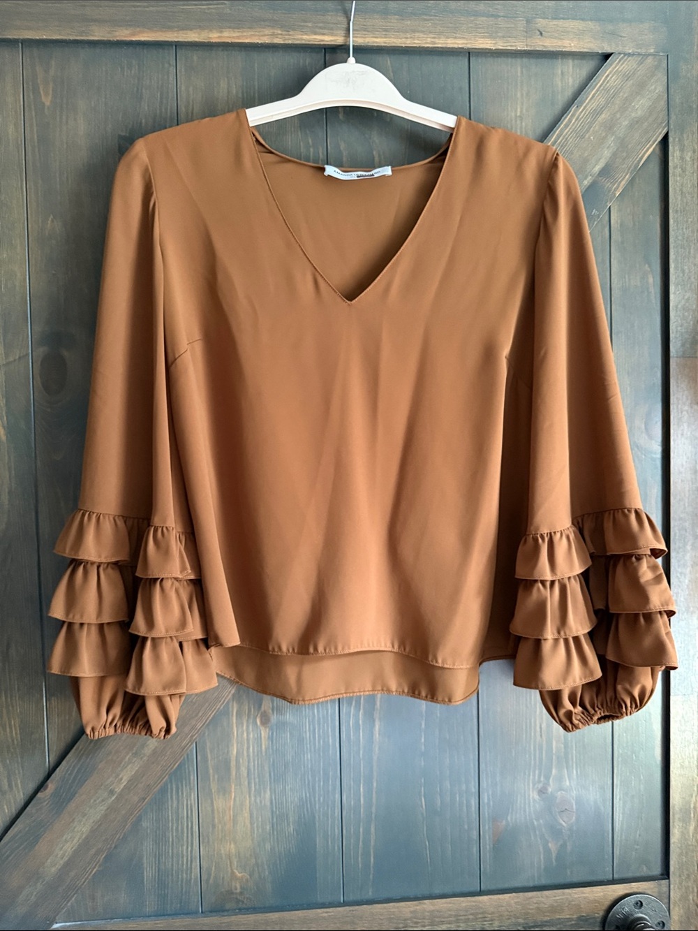 Amanda Uprichard Rust Brown Ruffle Sleeve V-Neck Top